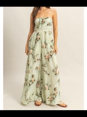 Strapless Floral Jump Suit in Sage Green. Wide Legged.